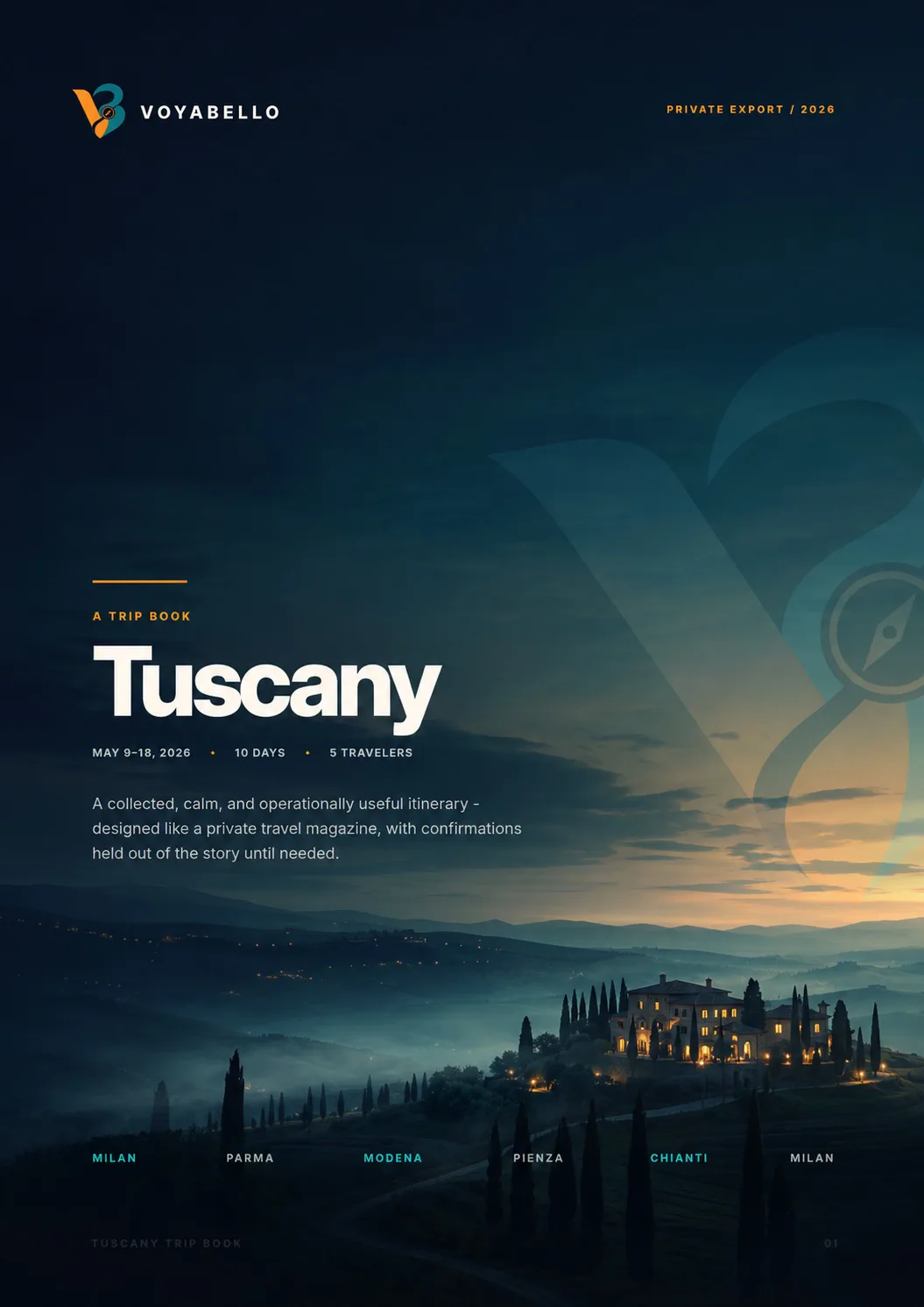 The cover of a printed Voyabello Trip Book for a Tuscany trip, with the trip title and an illuminated villa at dusk