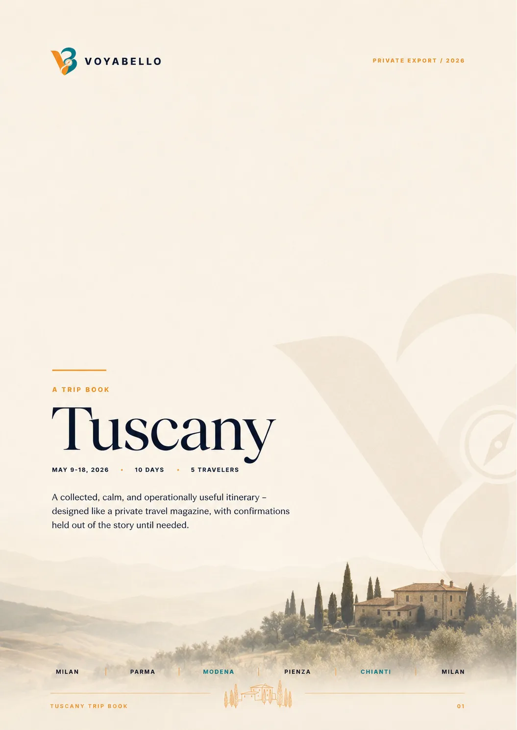 The cover of a printed Voyabello Trip Book for a Tuscany trip, with the trip title and an illuminated villa at dusk